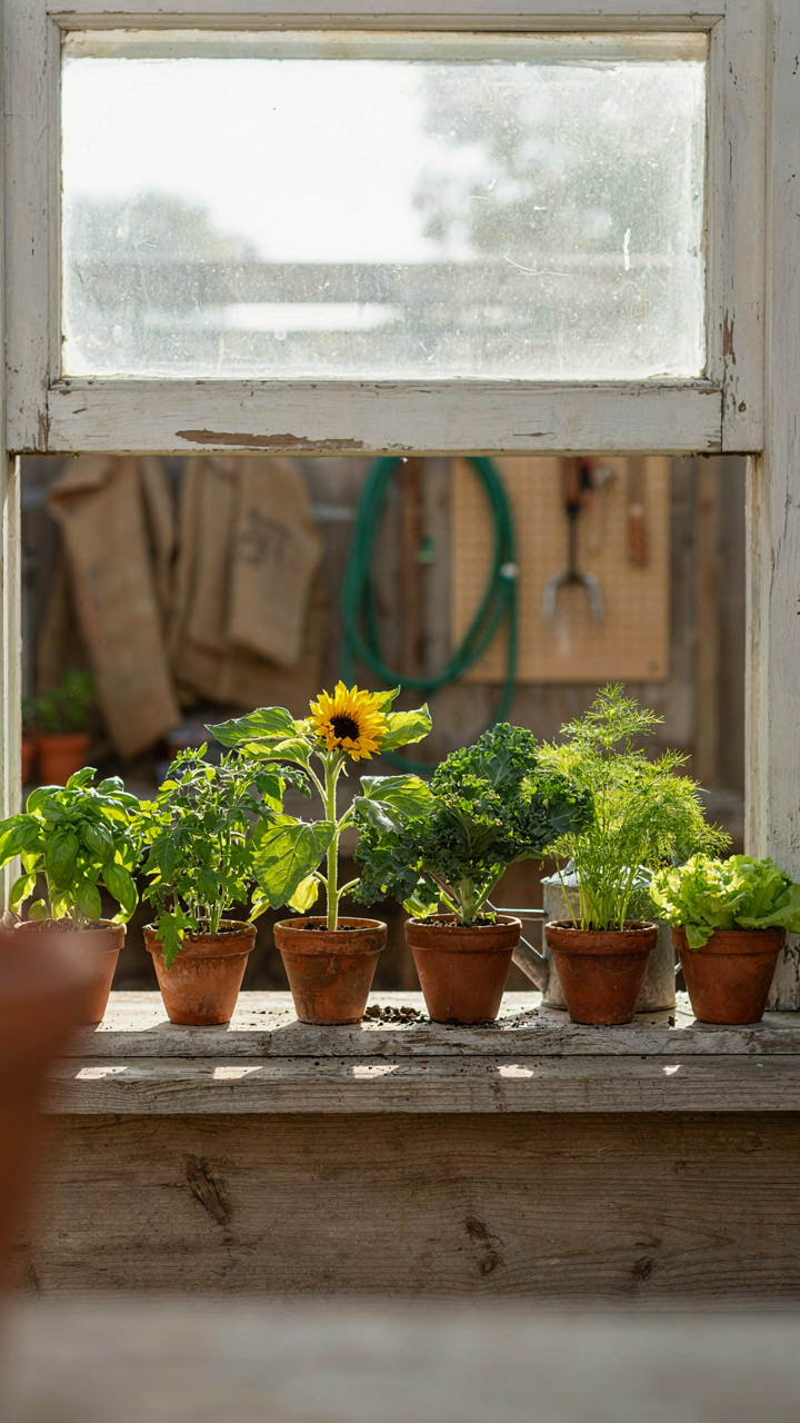 Thriving seedlings on a shelf under a south-facing garden shed window.