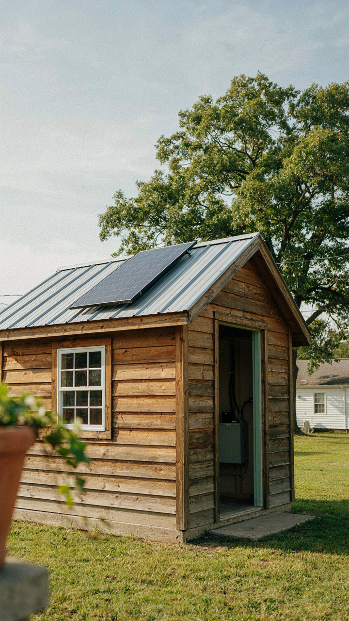 A small solar panel on a shed roof connected to an indoor battery bank.