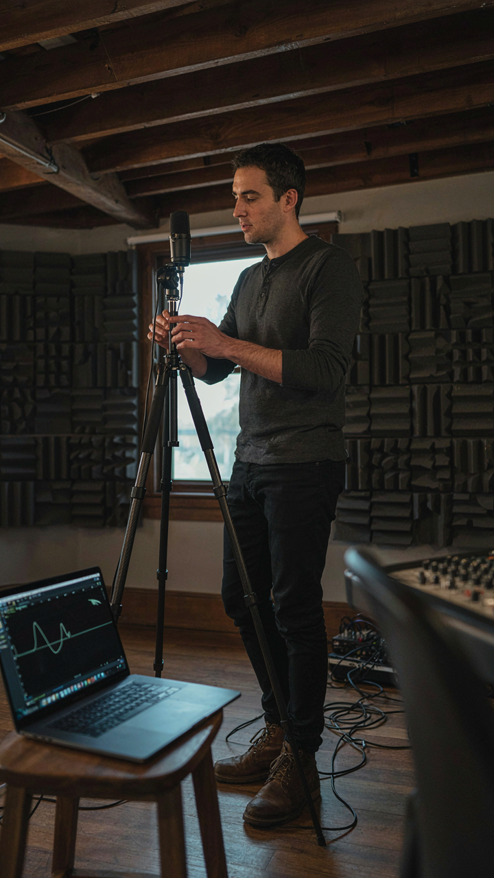 A sound engineer measuring acoustics in a room with a wood beam ceiling.