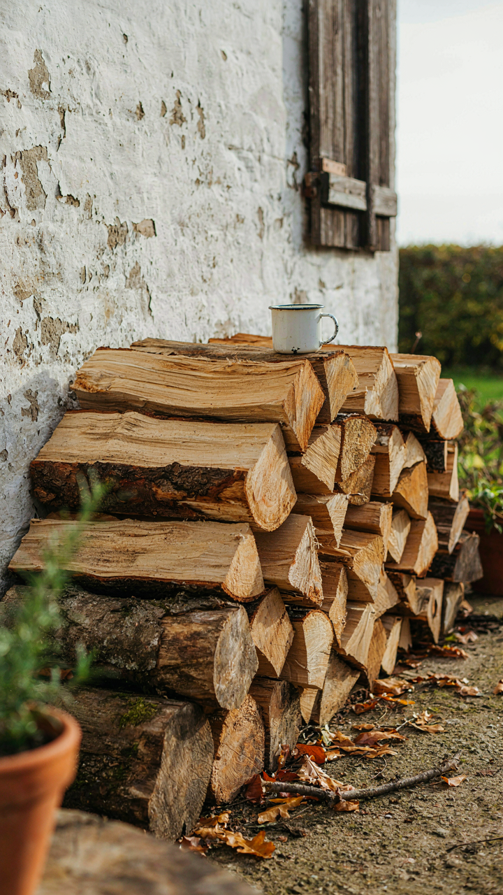 Seasoned firewood stacked in a single layer, ready for a wood burning stove.