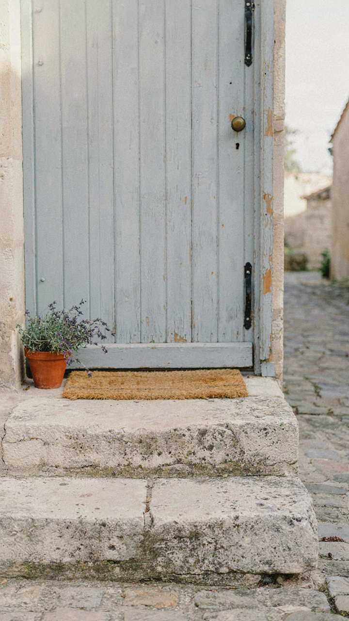 An old, worn stone step leading up to a rustic wooden french country door.