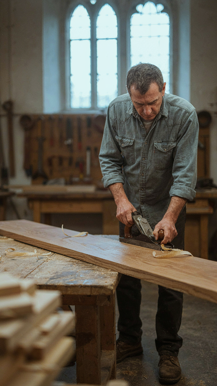A carpenter hand-planing a wide wooden board, revealing its grain.