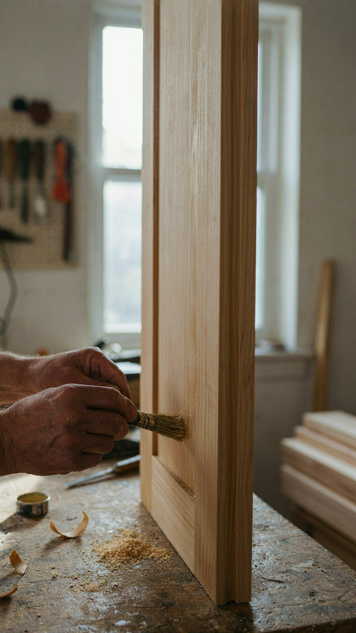 Hands applying wood sealant to a cypress shutter.