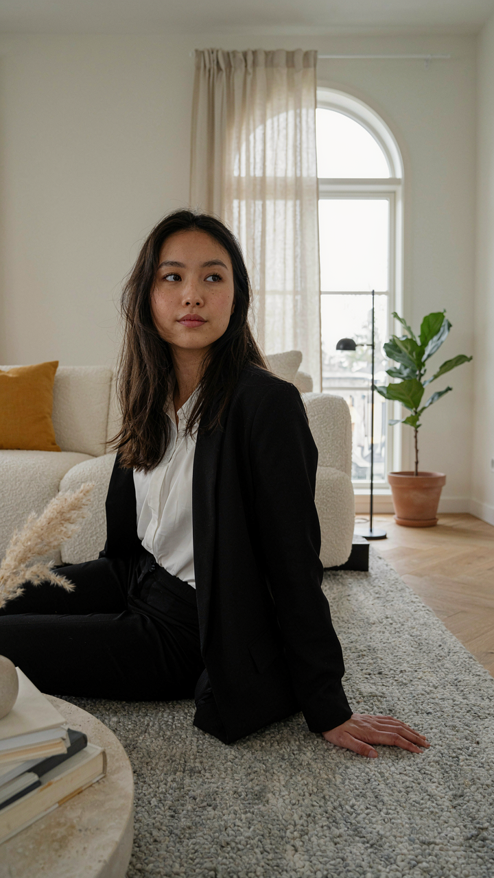 A person in a black jumpsuit sits on a thick grey wool rug.