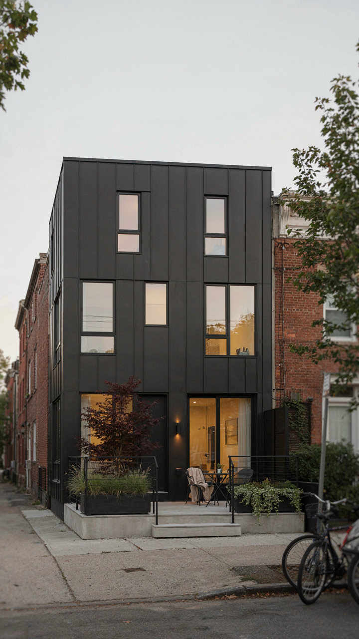 A modern townhouse on a narrow city lot has a compact wraparound porch.