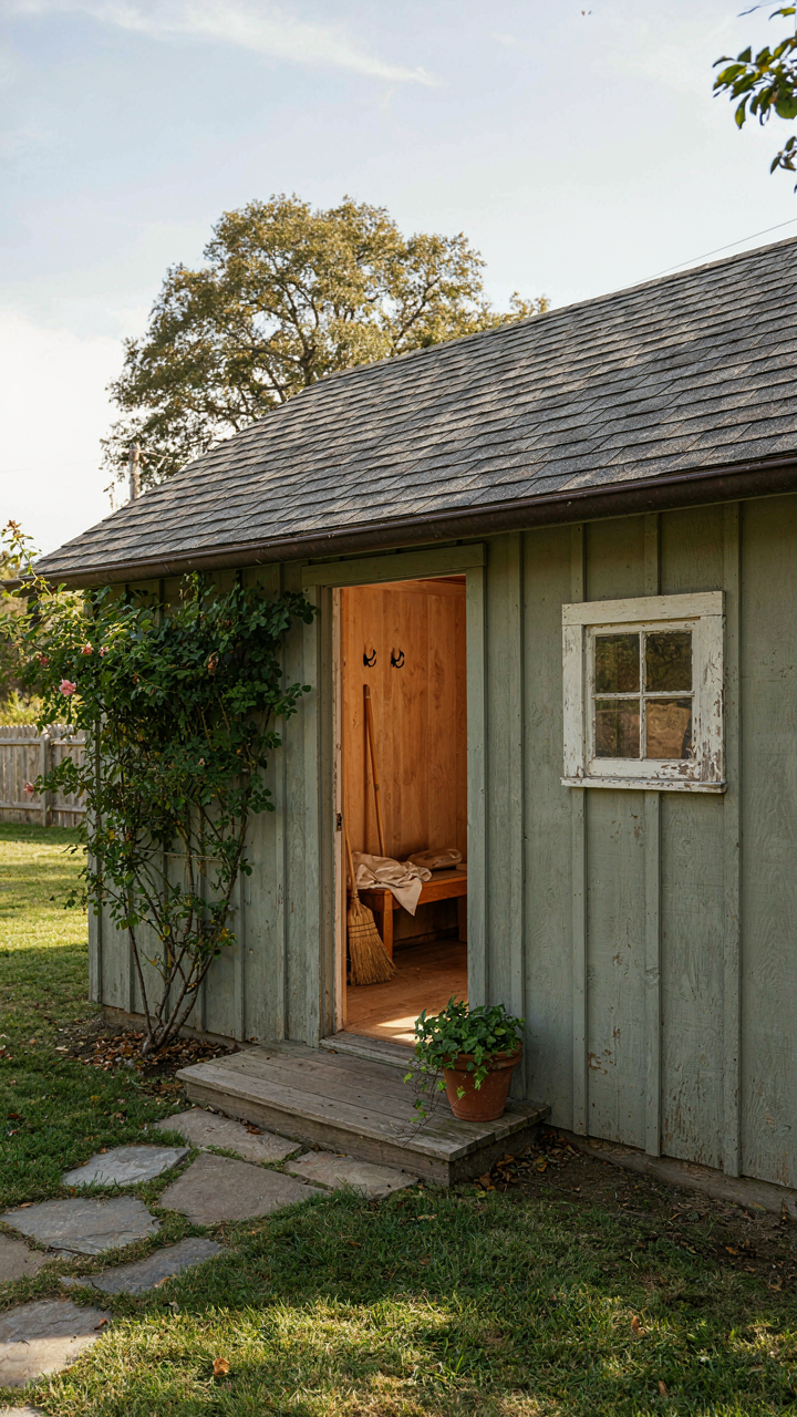 A garden shed with porch showing a wide roof overhang and a broom on a hook.