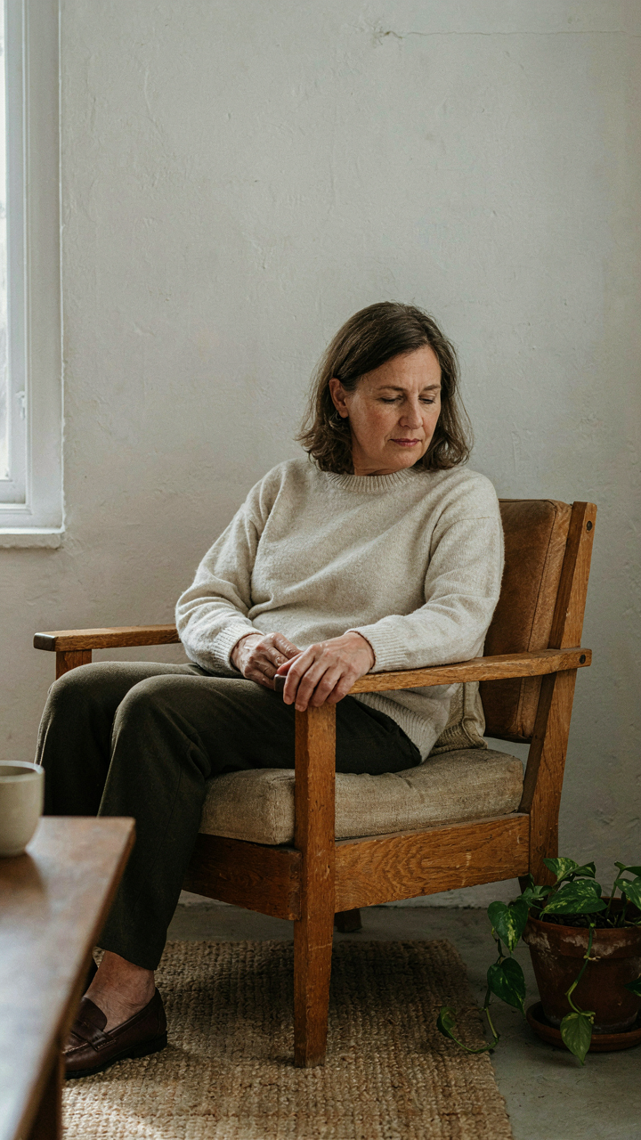 A homeowner looks at a classic wooden armchair by a white wall.