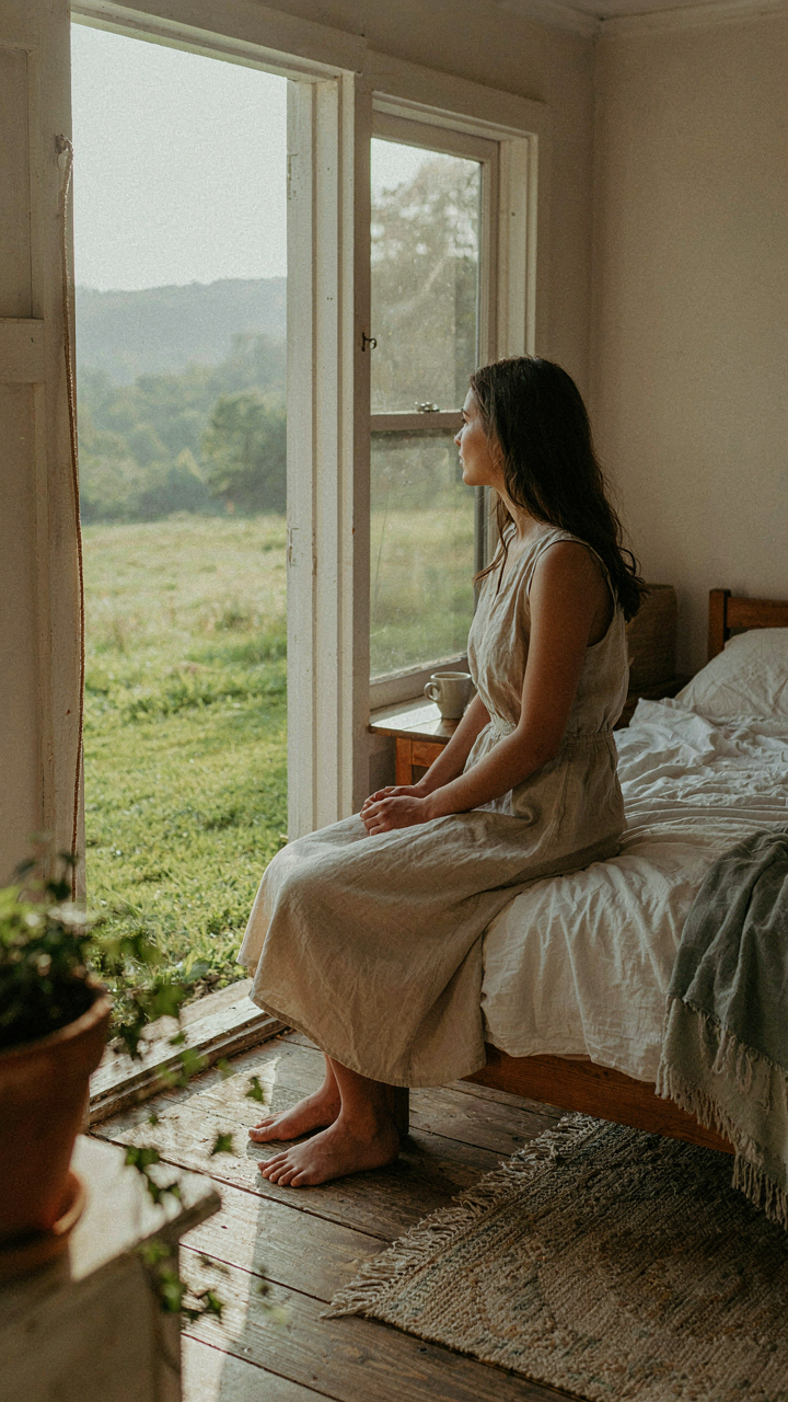 A person sitting peacefully on a cottage sleeping porch, no phone.