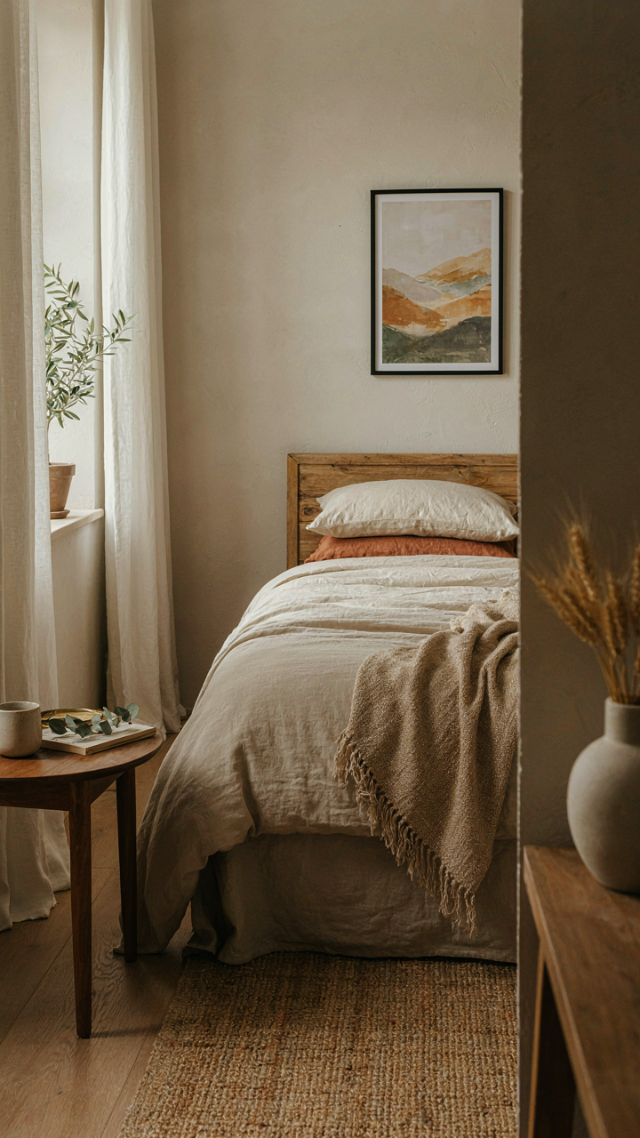 A serene and uncluttered modern rustic bedroom with warm lighting and natural textures.