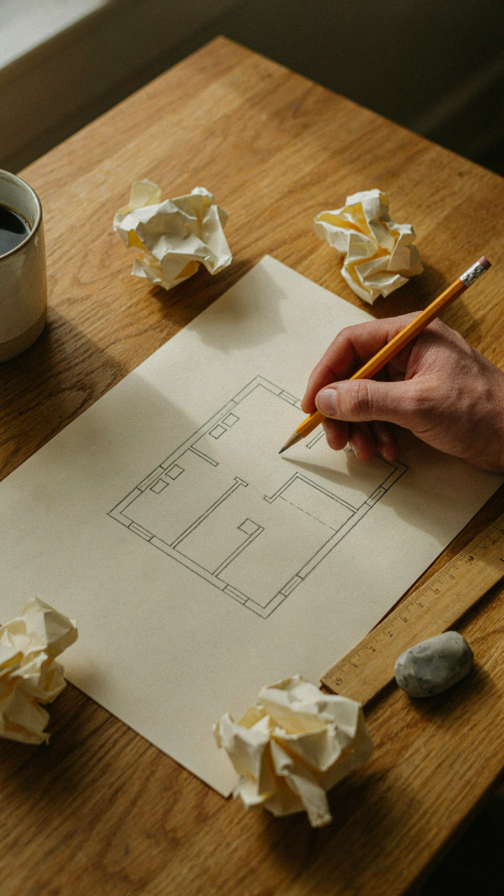 A hand sketches a tiny cabin floor plan on paper, surrounded by crumpled sketches.