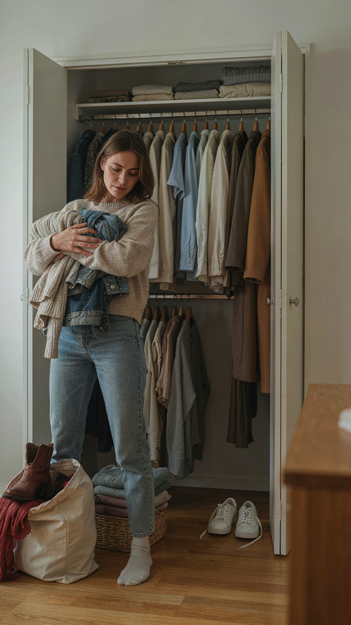 A person sorts through clothes in a closet, holding items for donation.