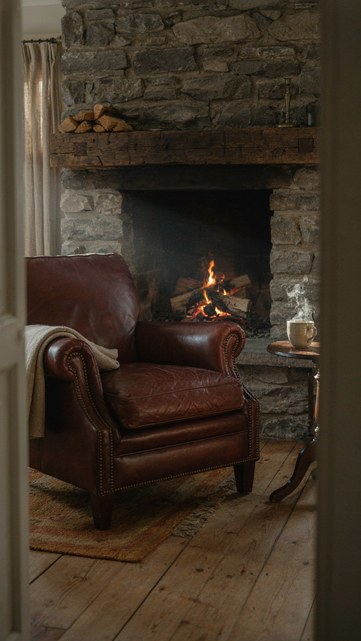 A comfortable armchair positioned in front of a crackling fireplace.