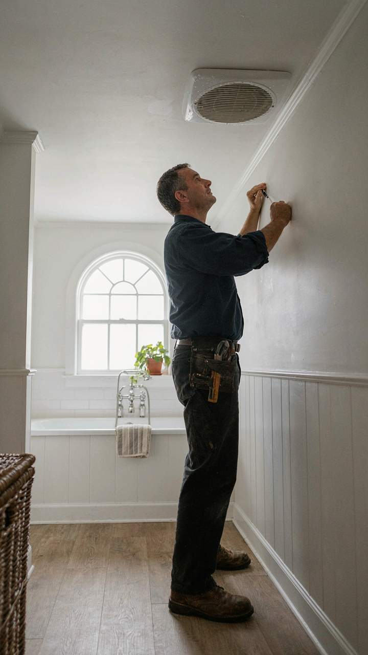A worker inspects a ventilation fan in a coastal cottage bathroom.