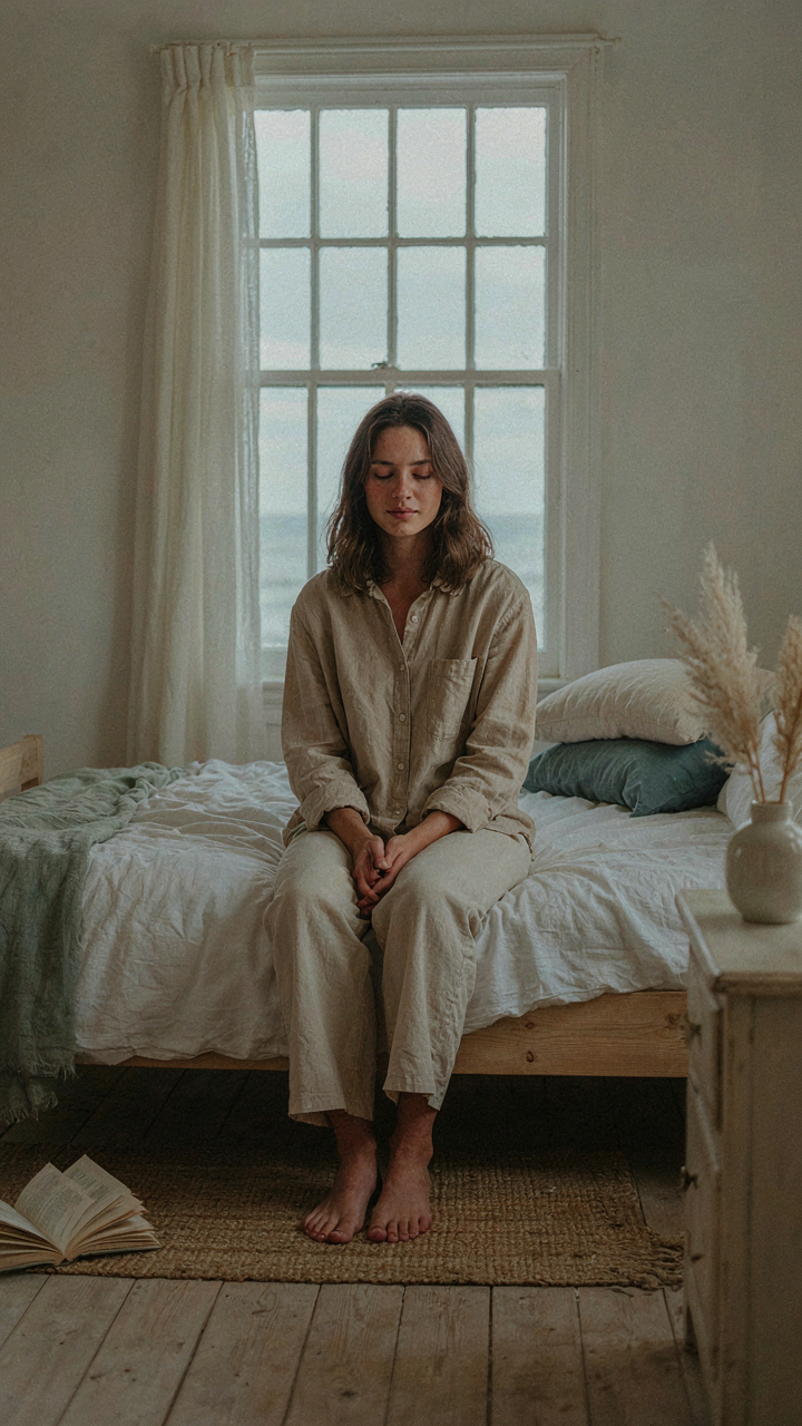 A person sitting calmly on a simple bed in a coastal farmhouse bedroom.