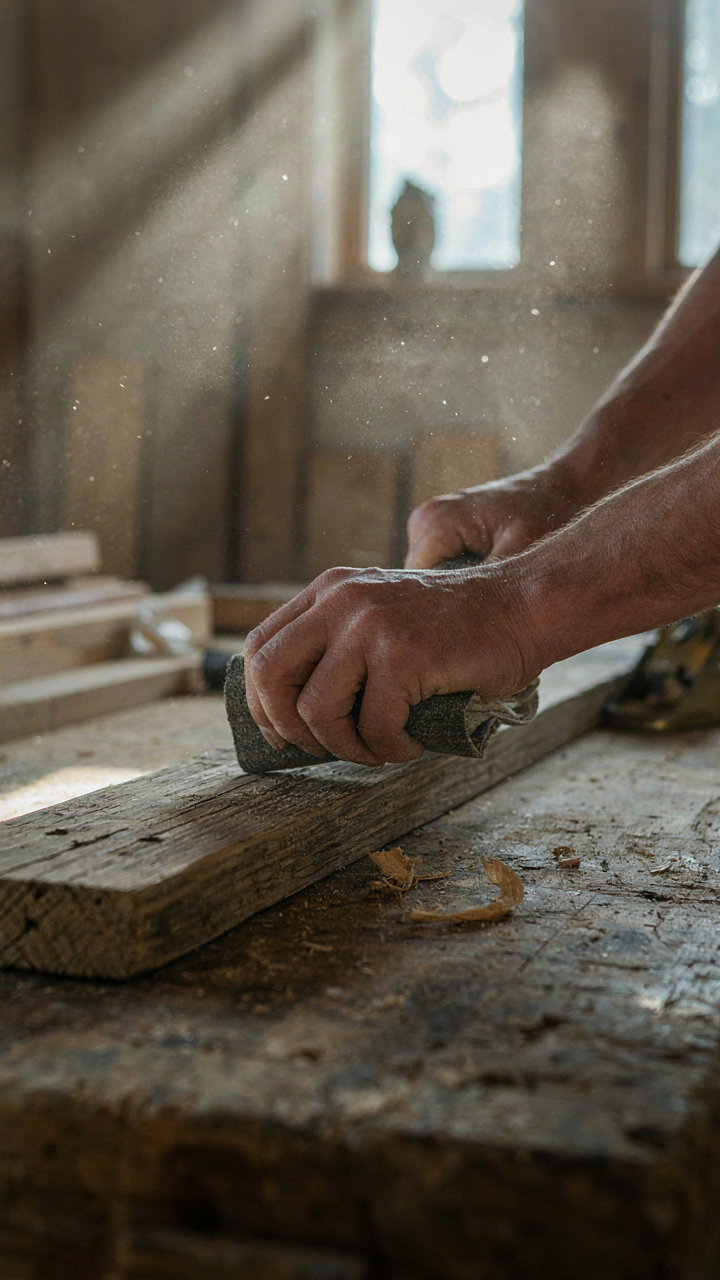 Hands carefully sand a piece of reclaimed wood on a rustic workbench.