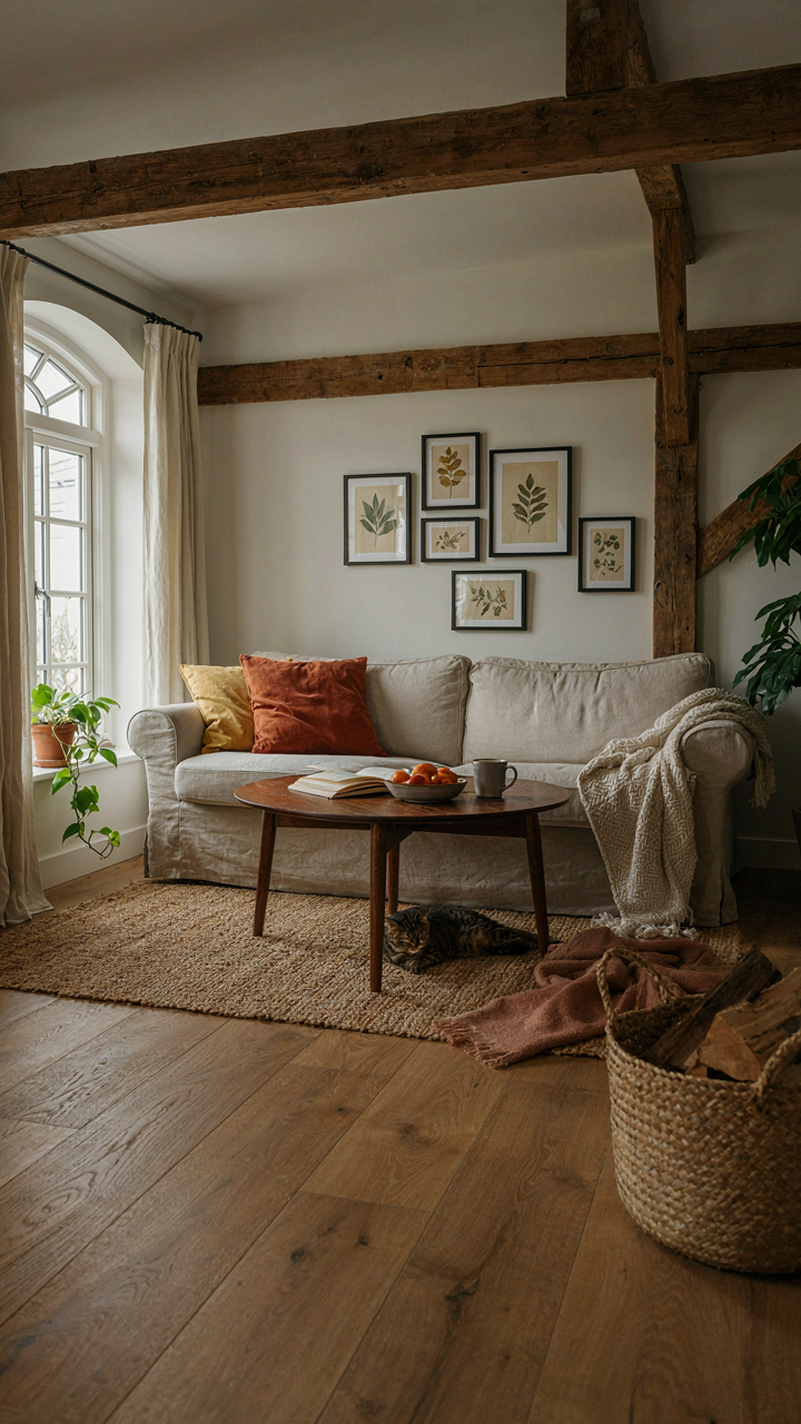 A comfortable, lived-in living room in a converted barn has modern furniture.