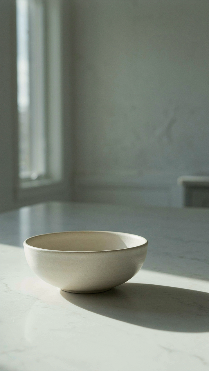 A single ceramic bowl sits on a pristine white kitchen counter.