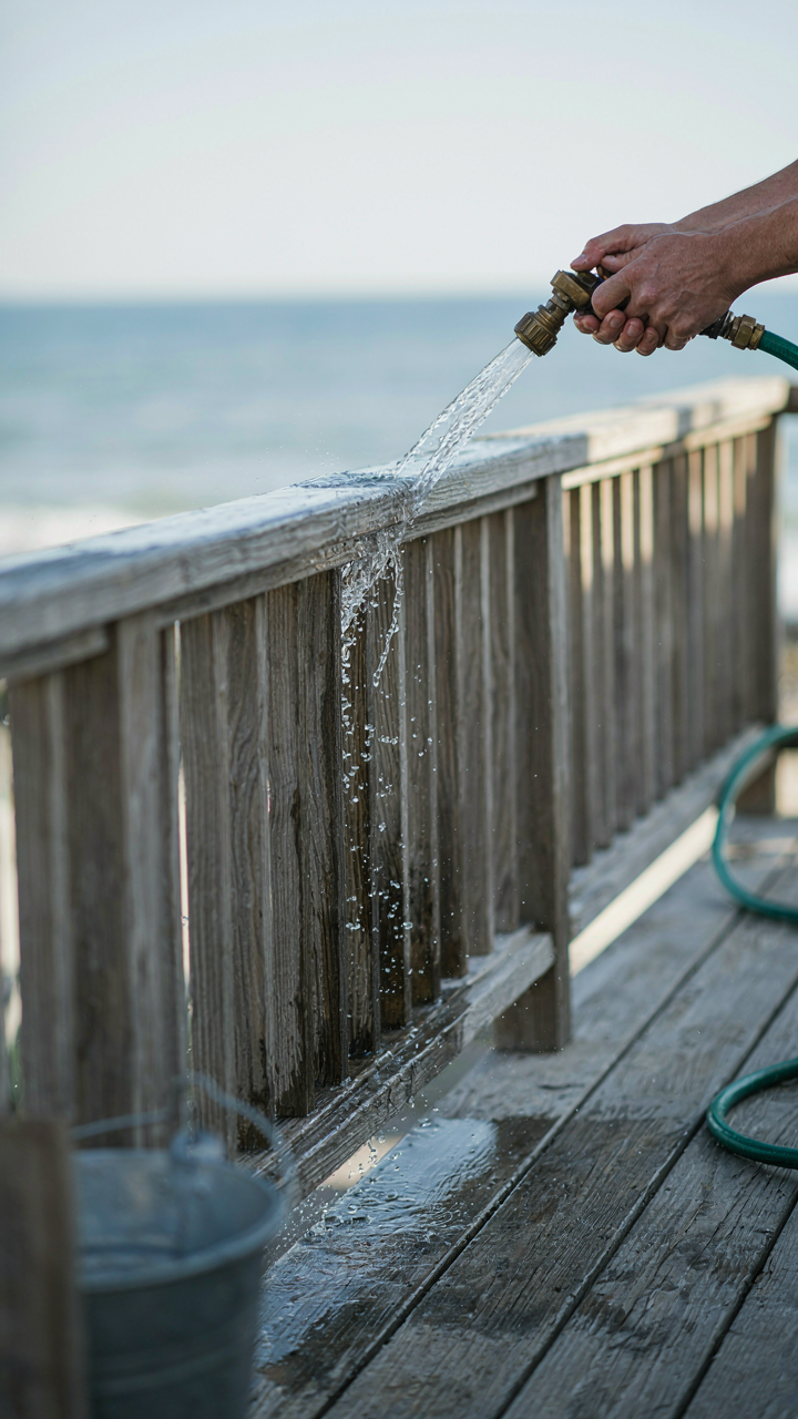 Hands rinse a wooden railing on a coastal porch with fresh water.