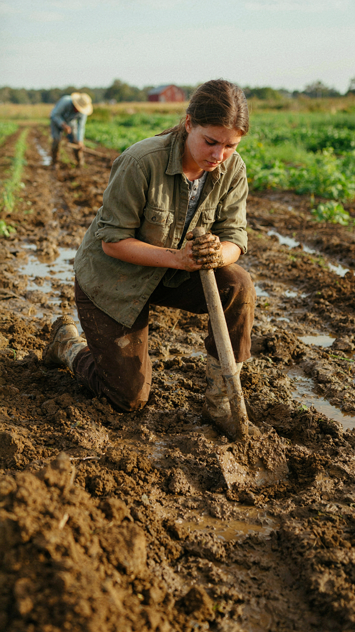 A person works in a muddy field, their hands covered in dirt.