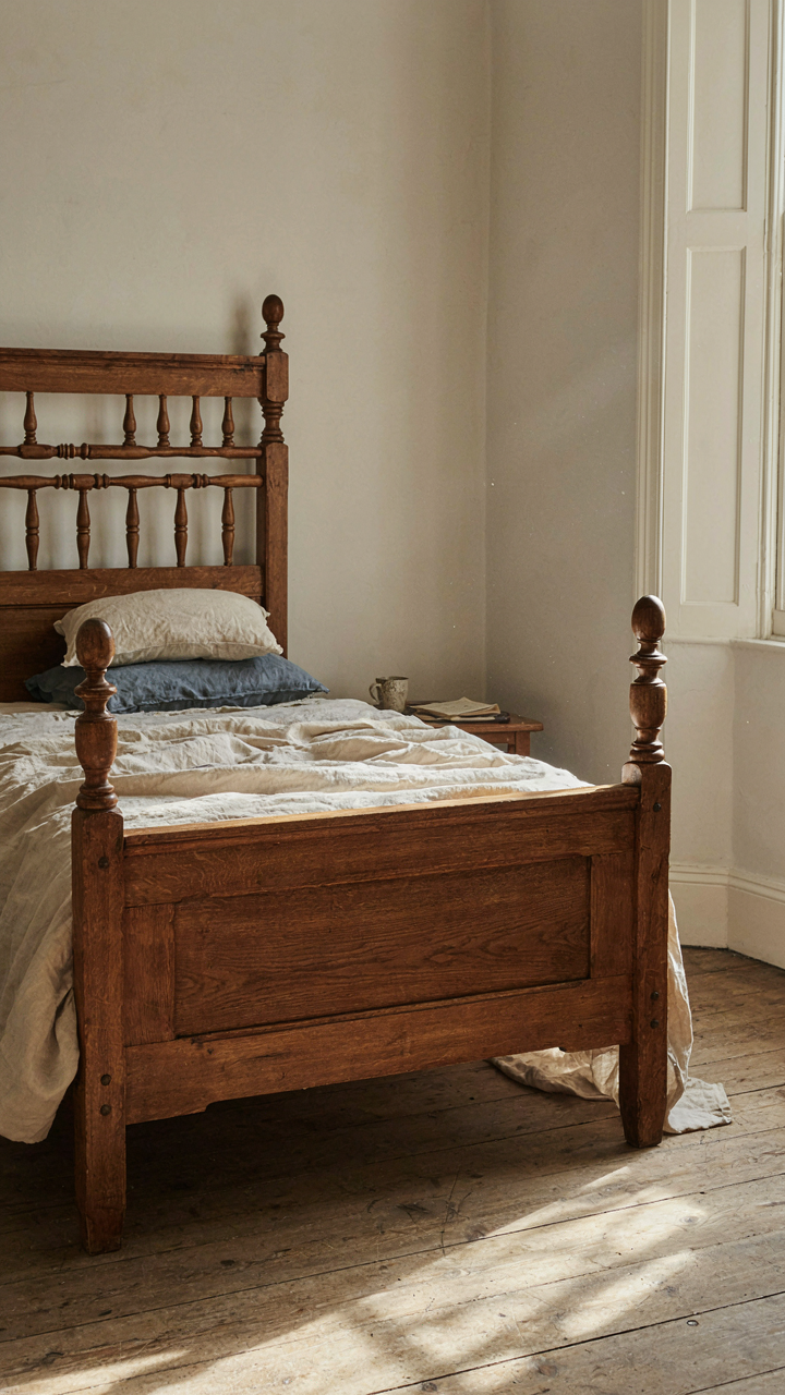 An antique craftsman bed frame showing aged wood and tight joinery.