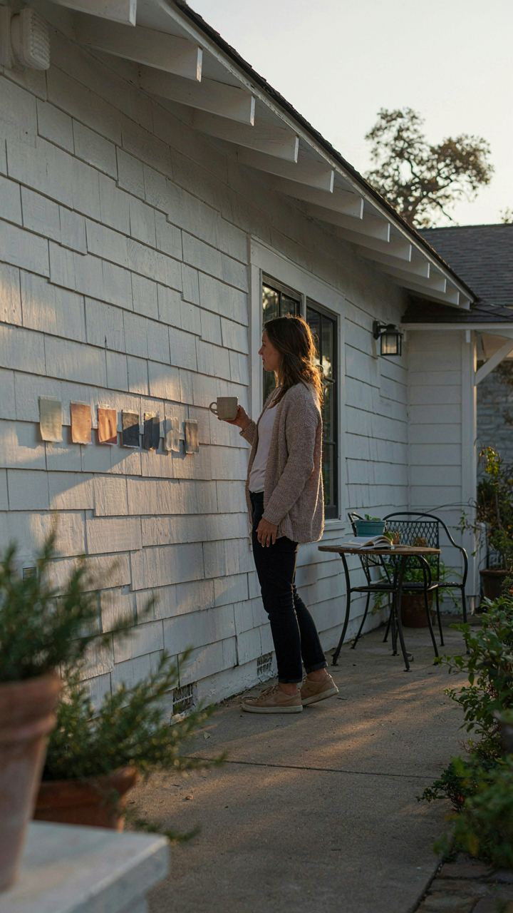 One person observes paint samples on a craftsman home's exterior at sunrise.