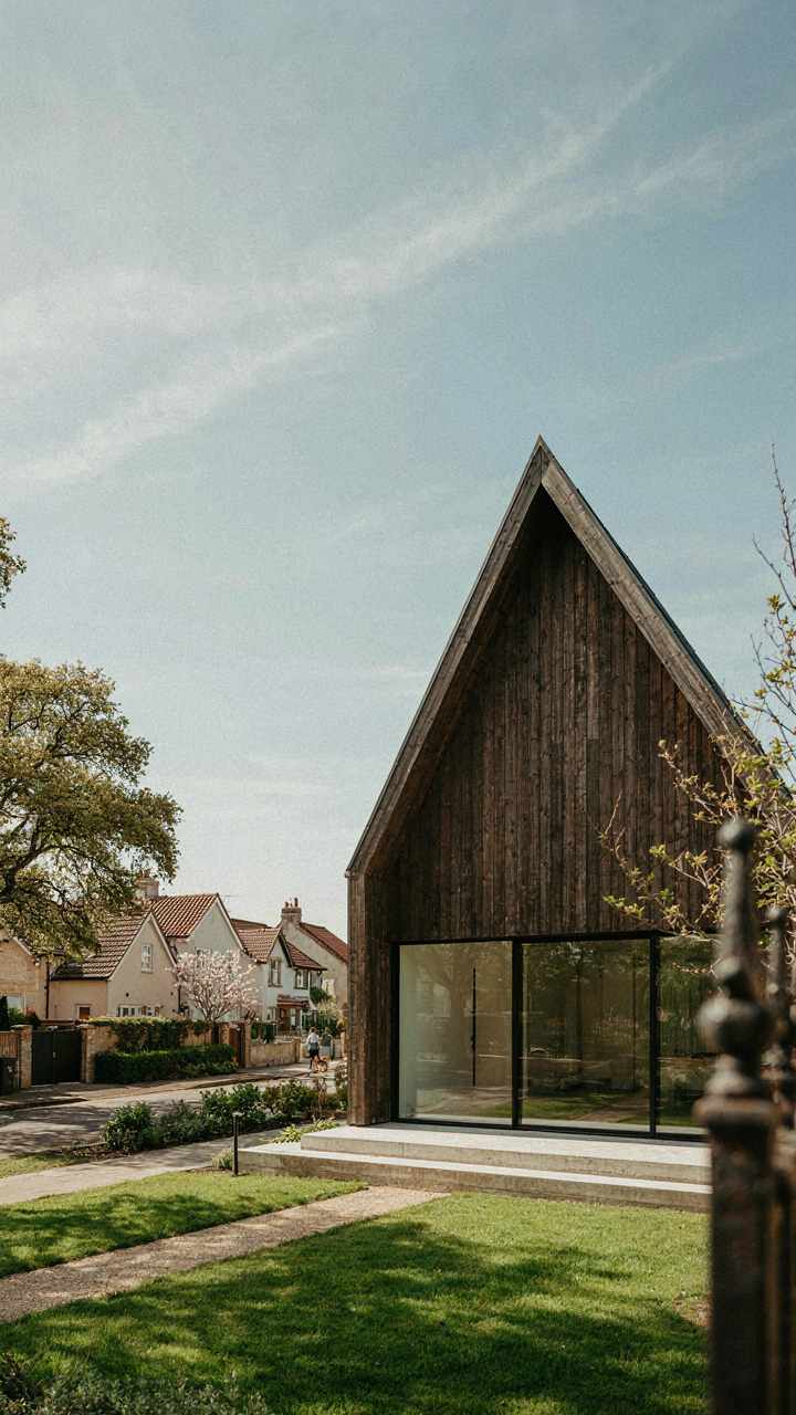 A unique house with a prominent steep gable.