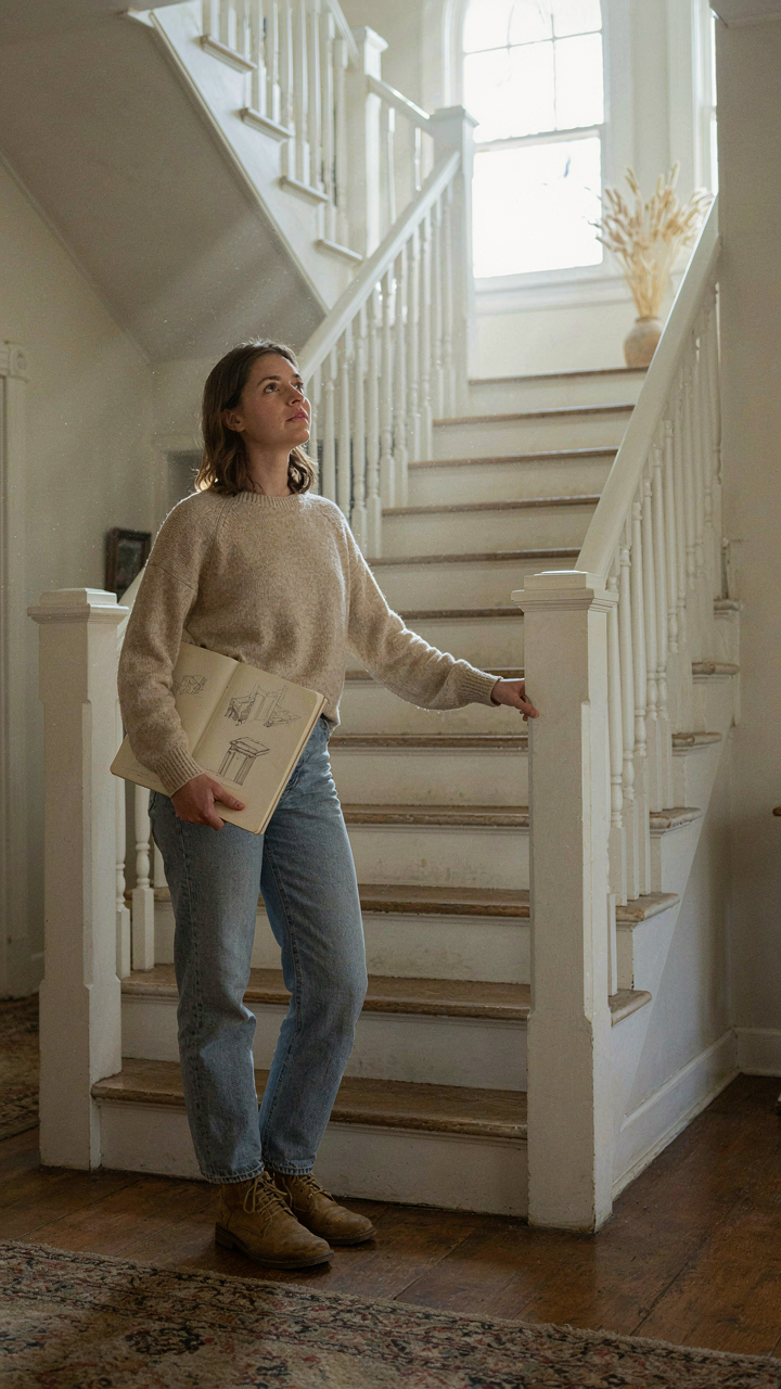 A person stands thoughtfully at the bottom of a beautiful farmhouse staircase.