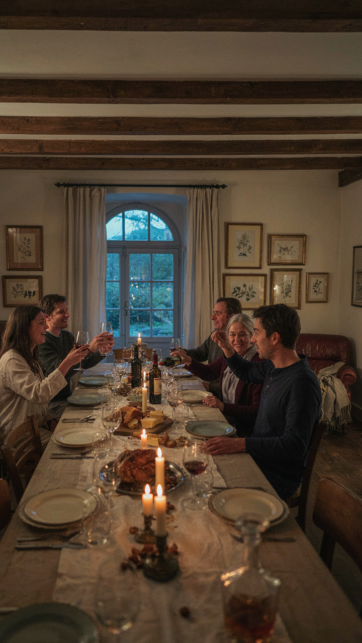 A lively dinner party in a warm, lived-in french country dining room.