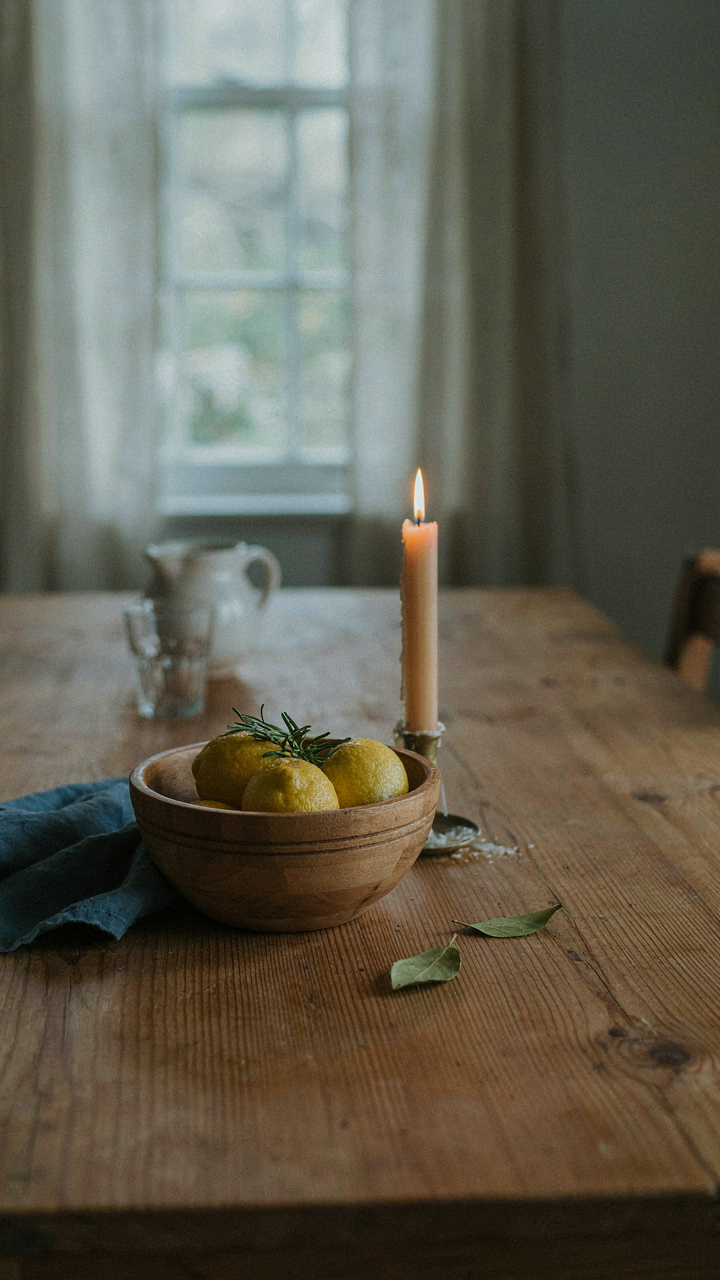 A simple wooden bowl on a rustic dining table with a lit candle.