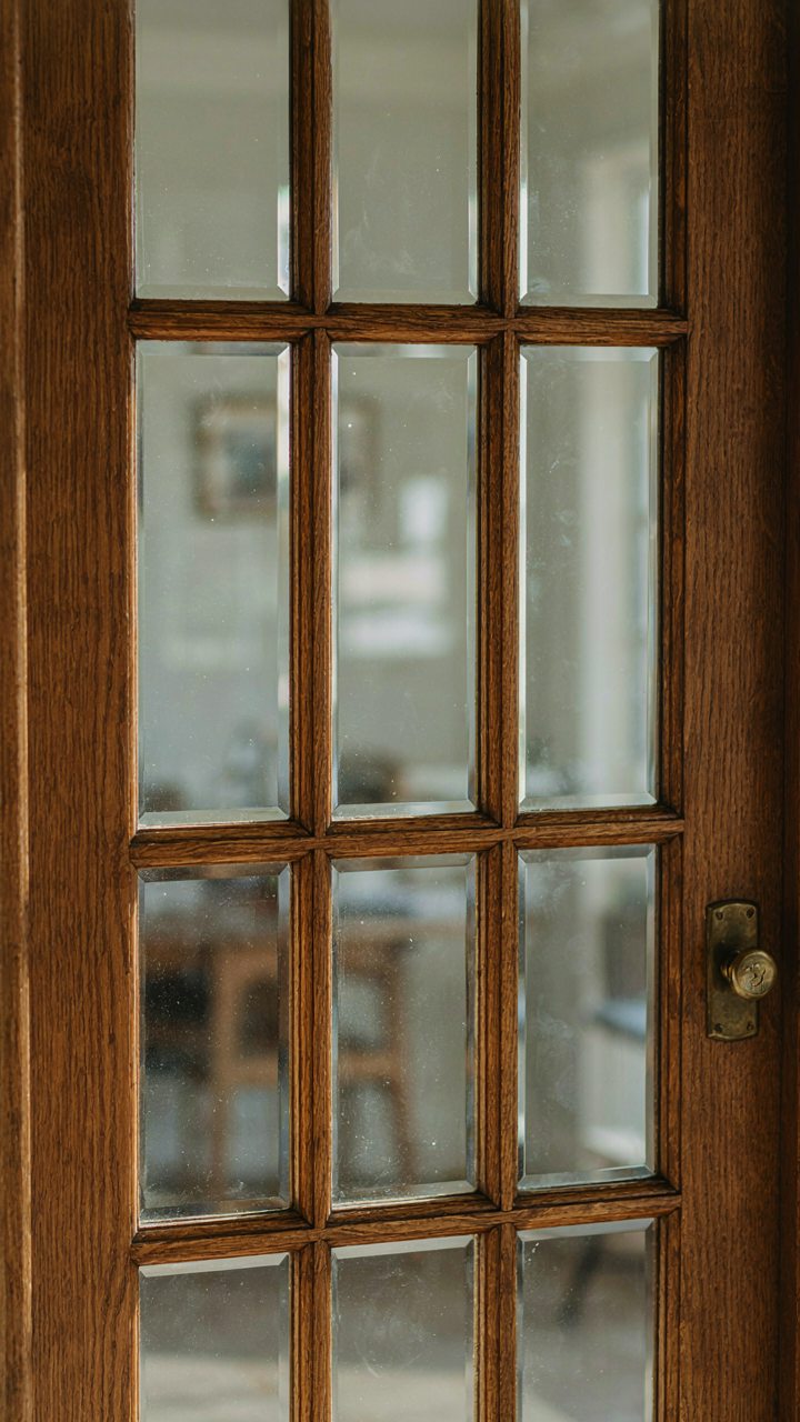 Detailed hand-routed muntins on a craftsman front door with clear glass.