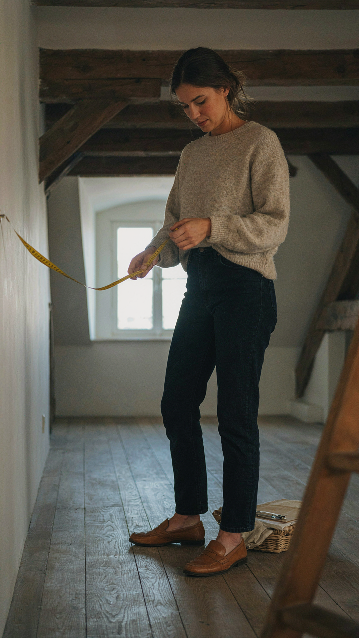 A person measures the usable space in a bright attic room of a Dutch Colonial house.