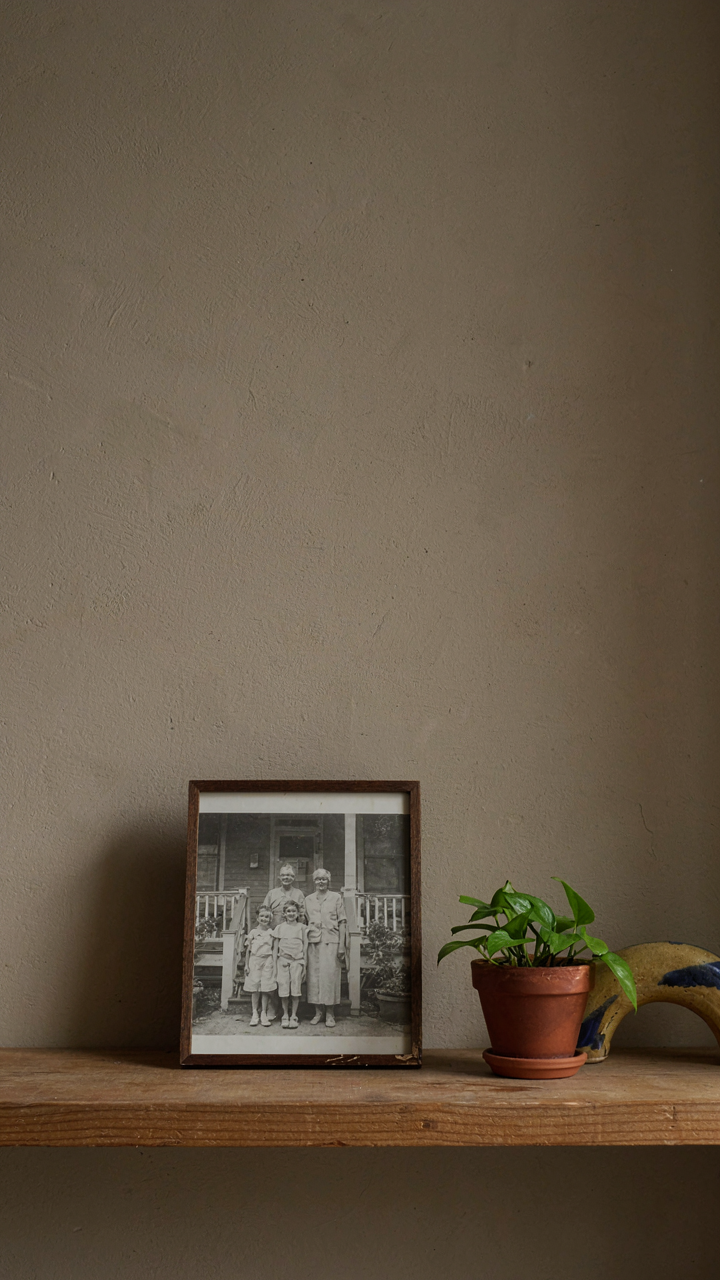A family photo, a green plant, and a ceramic piece on a wooden shelf in an entryway.
