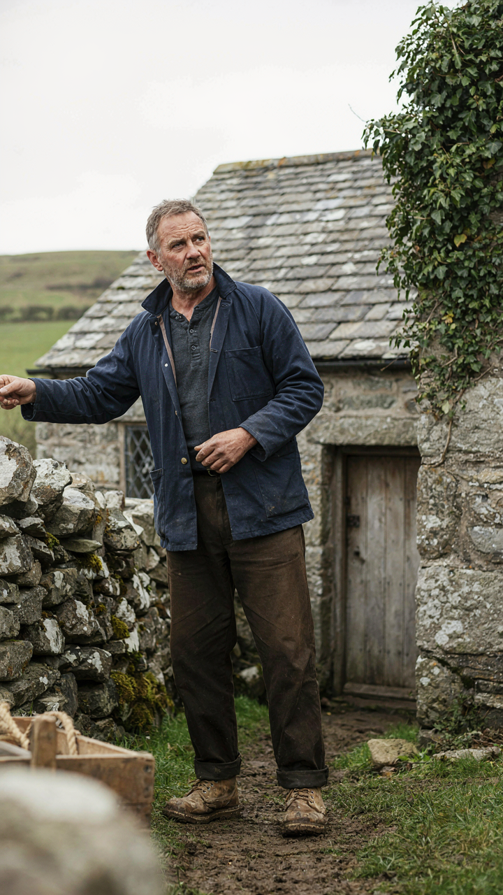 A builder points at a stone wall of a Welsh cottage while talking to a client.