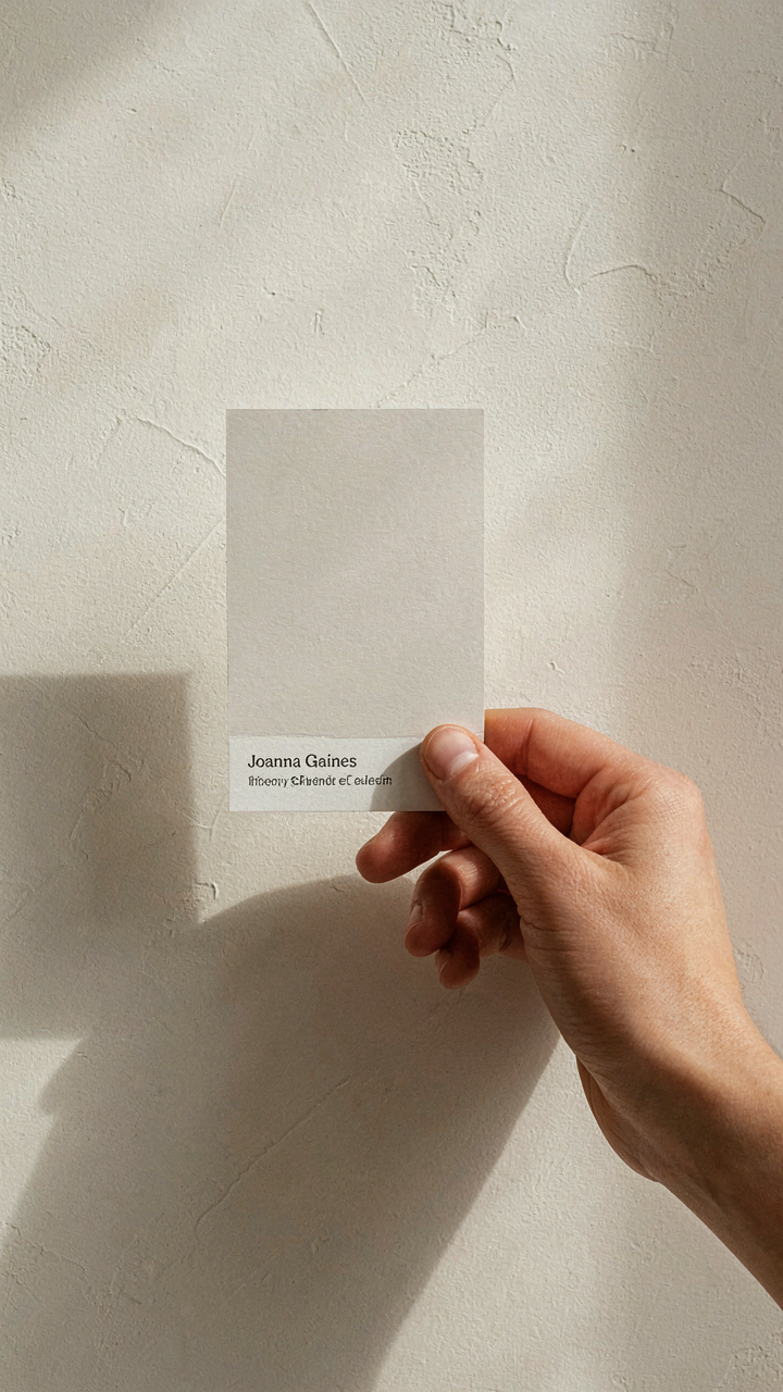 A hand holds a paint swatch against a sunlit wall, showing light's effect on color.