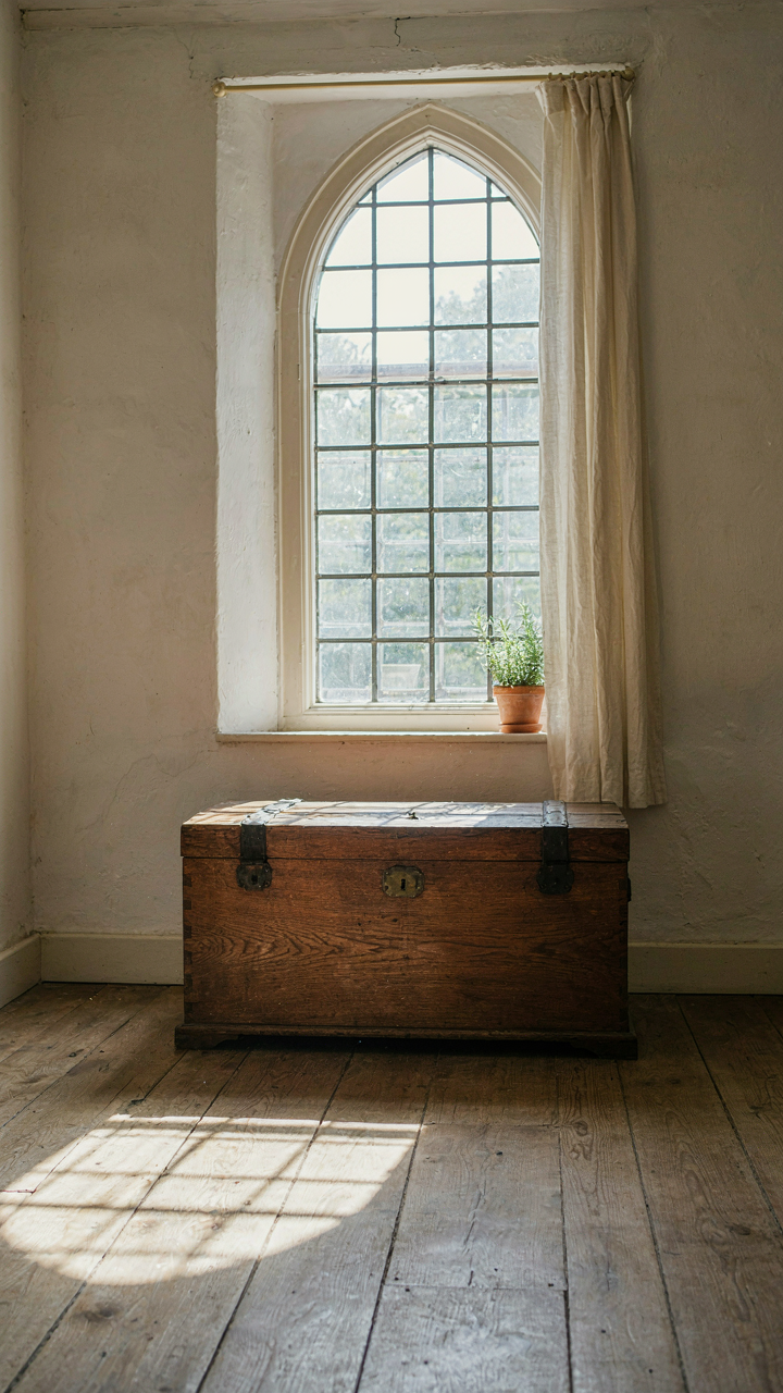 A single antique wooden chest sits in a simple, sunlit farmhouse room.