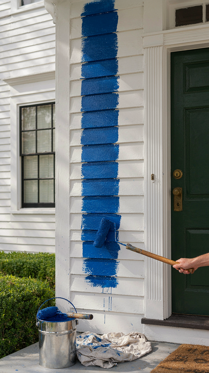 A paint roller applies a bold color stripe to a colonial revival house facade.