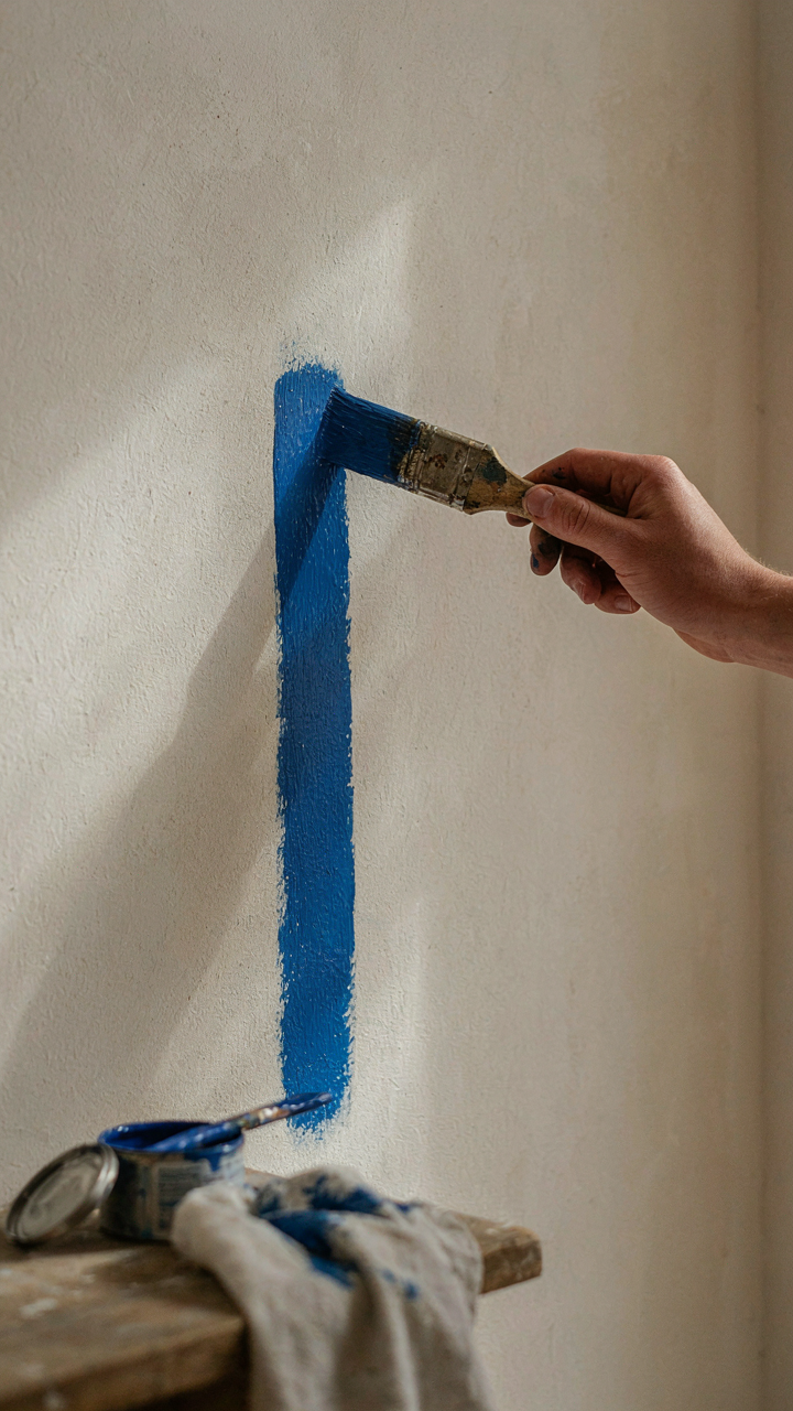 A hand paints a bold accent stripe on a neutral wall.