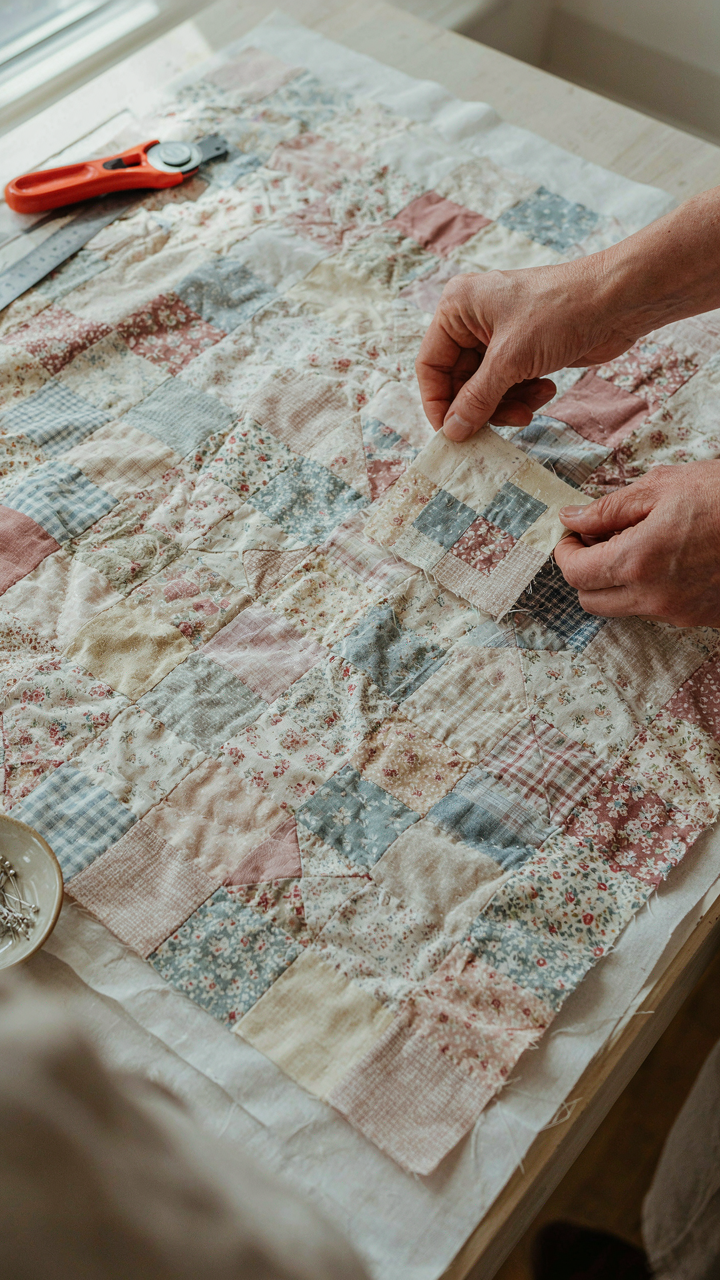 A hand placing a patchwork fabric square onto a quilt that is being made.