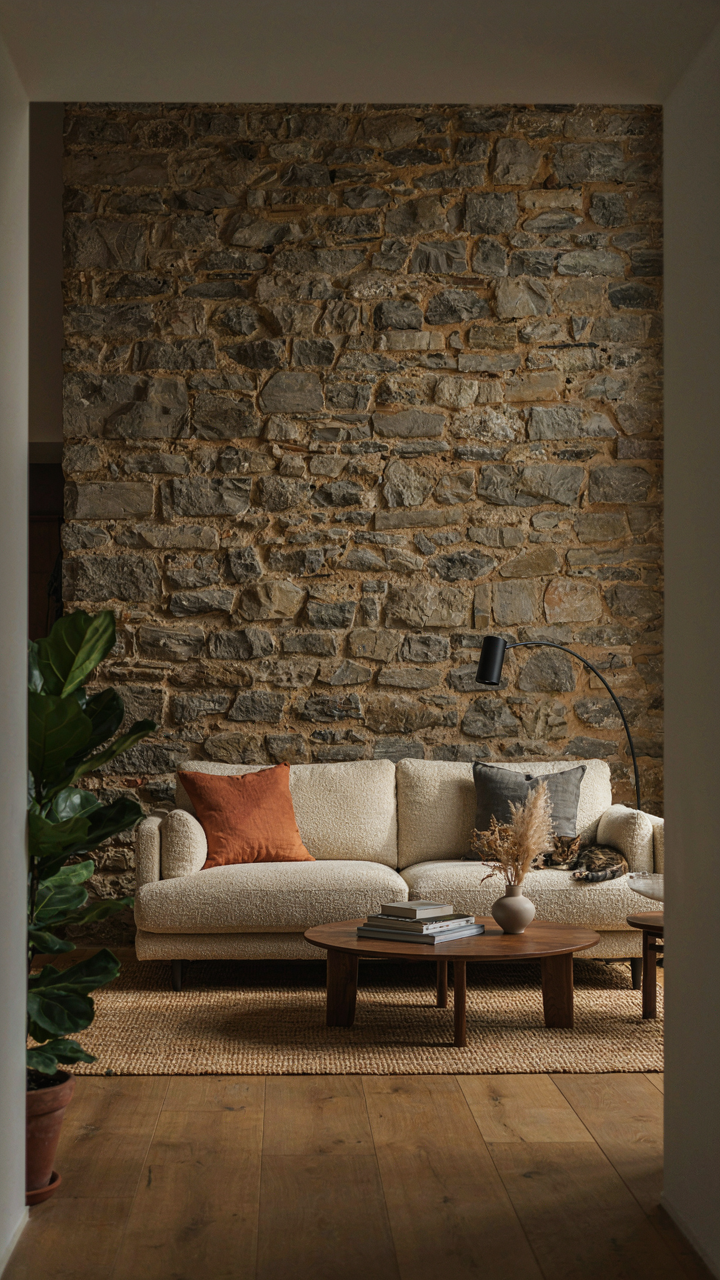 A modern rustic living room centered around a prominent stone wall.
