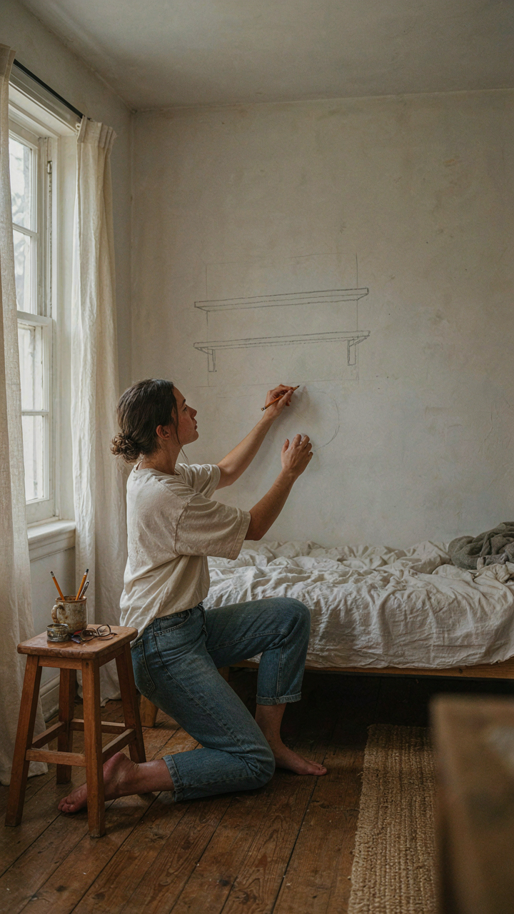 A person sketches a simple shelf design directly onto a blank bedroom wall.