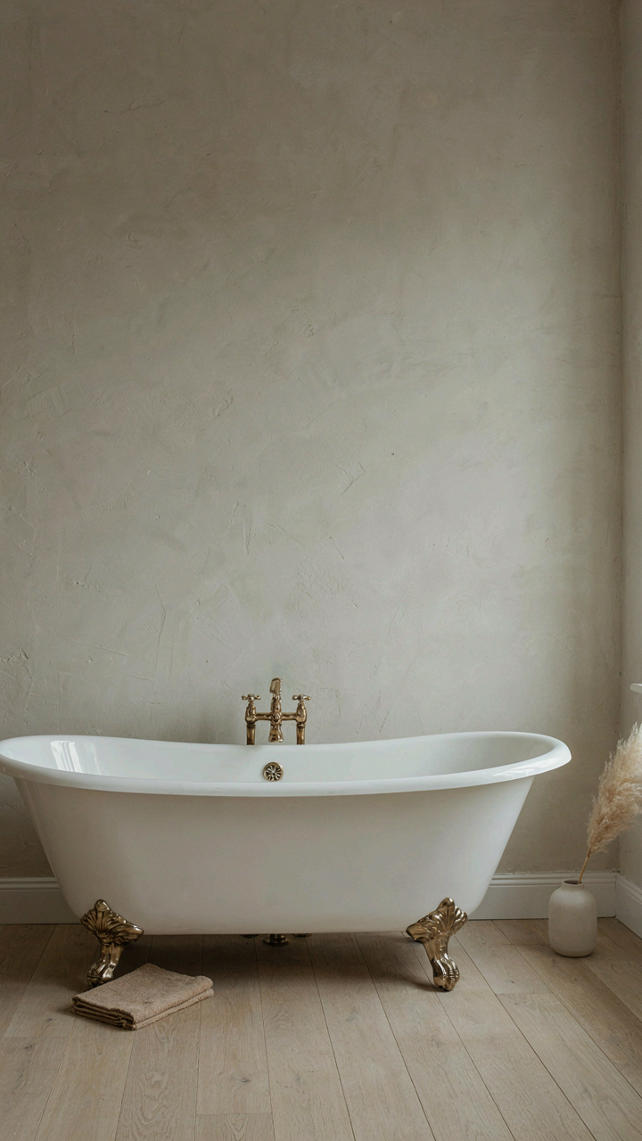 A minimalist victorian bathroom with only a pristine clawfoot tub against a clean wall.