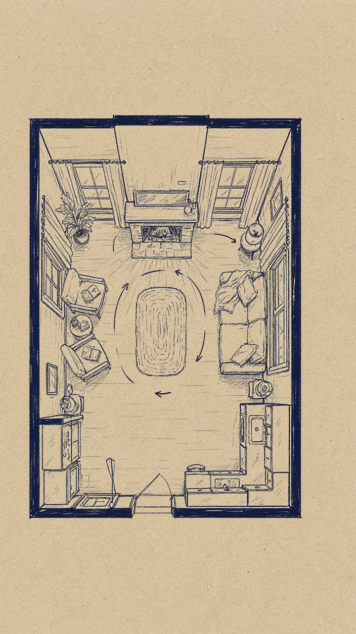 An architectural sketch of a cabin floor plan, with a fireplace at its center.