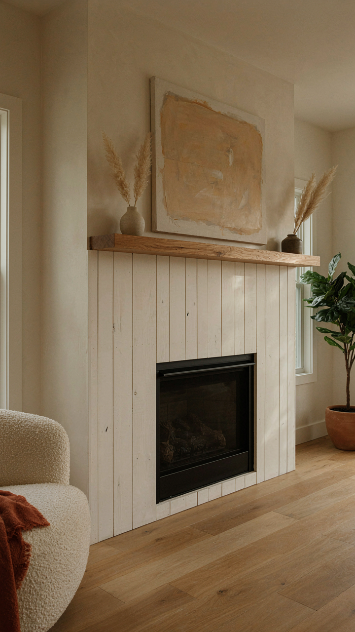 A unique shiplap fireplace with an asymmetrical mantel and abstract art.