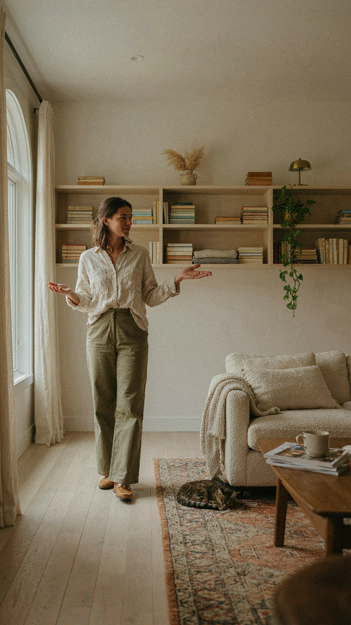 A person stands in a prairie style living room, gesturing at shelves.