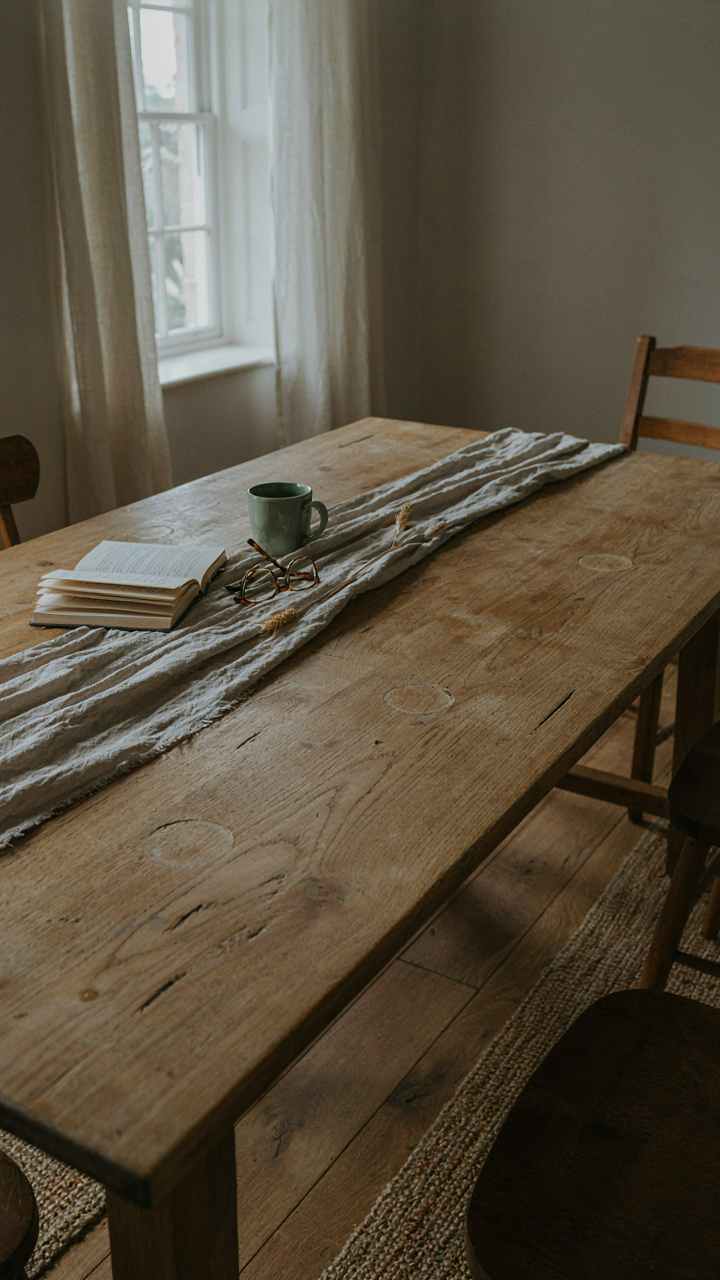 A reclaimed wood dining table shows signs of daily use.