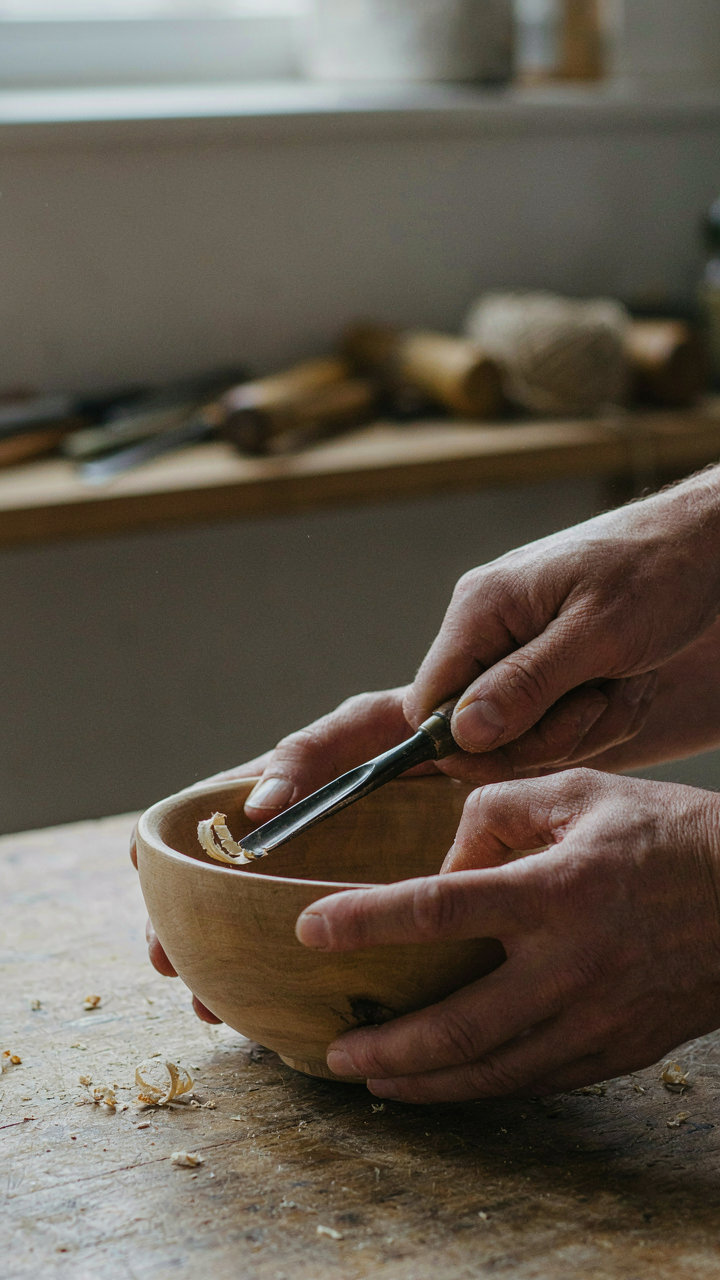 Hands holding a wooden bowl and carving with a simple hand tool.