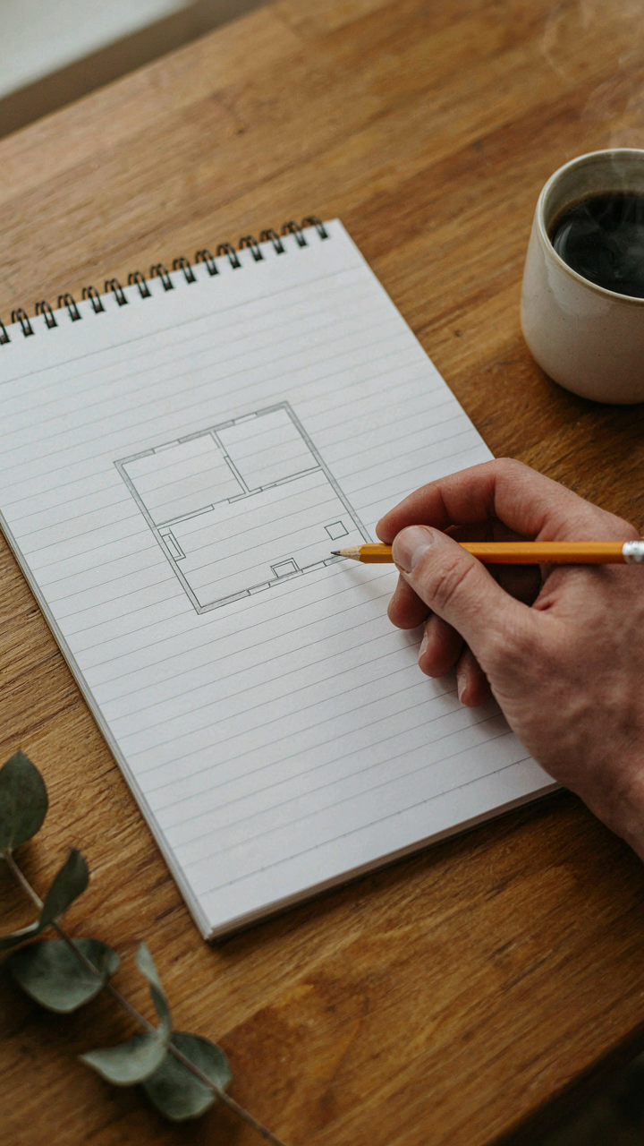 A hand sketching a simple, functional cabin floor plan on a notepad.