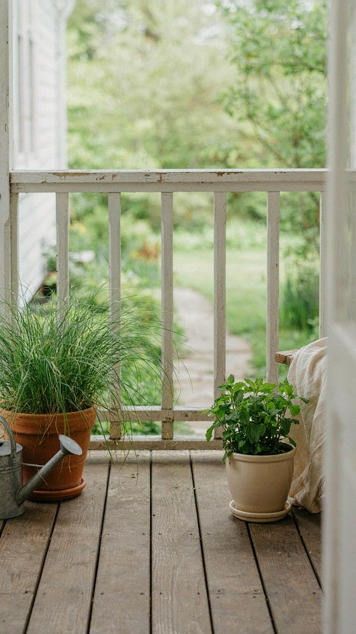 Potted citronella and mint plants on a cottage sleeping porch.