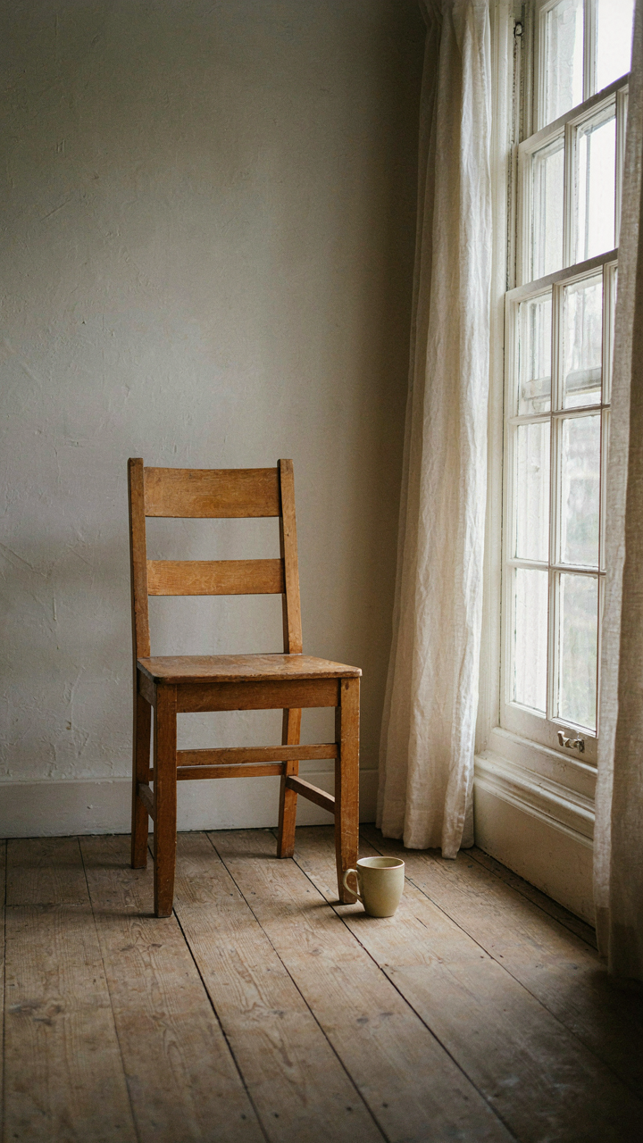 A single wooden chair by a window in a clean, prioritized small farmhouse room.