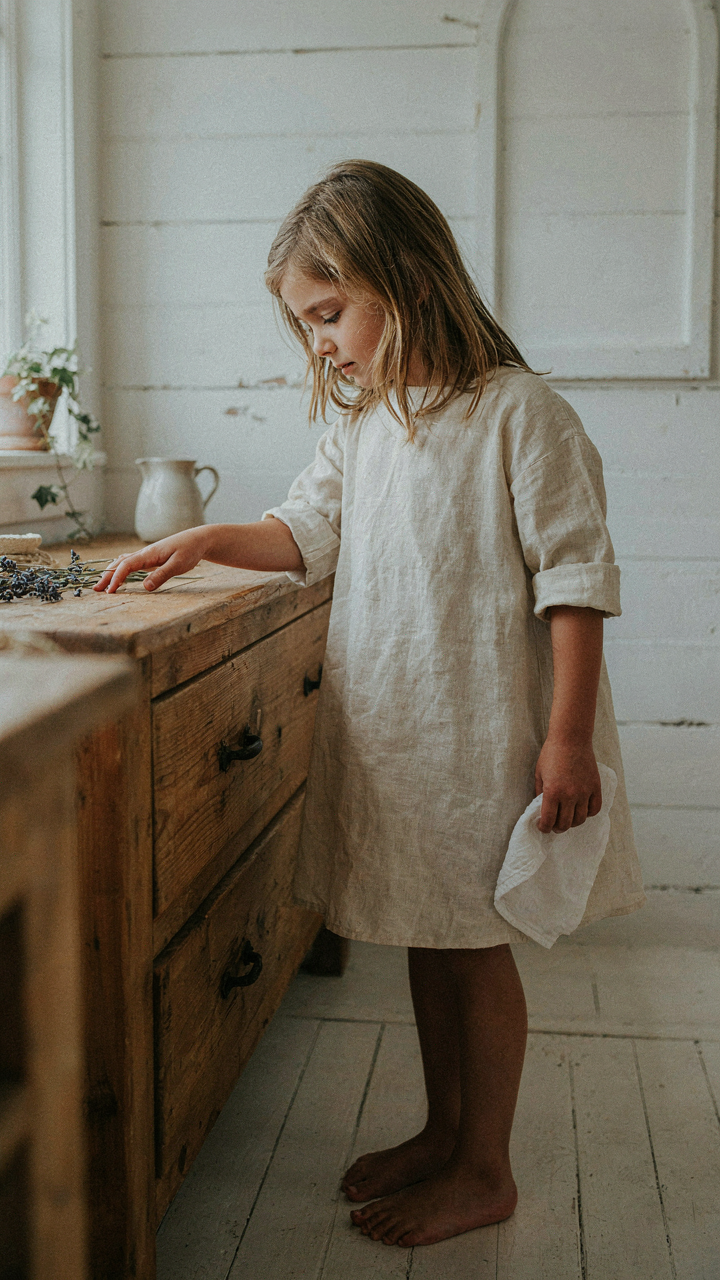 A young girl touches a reclaimed wood vanity in a rustic farmhouse bathroom.
